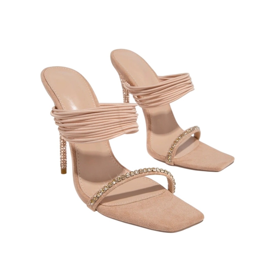 Miss Lola Ophelia Beige Faux Suede Rhinestone Embellished Strappy Heels Size 8